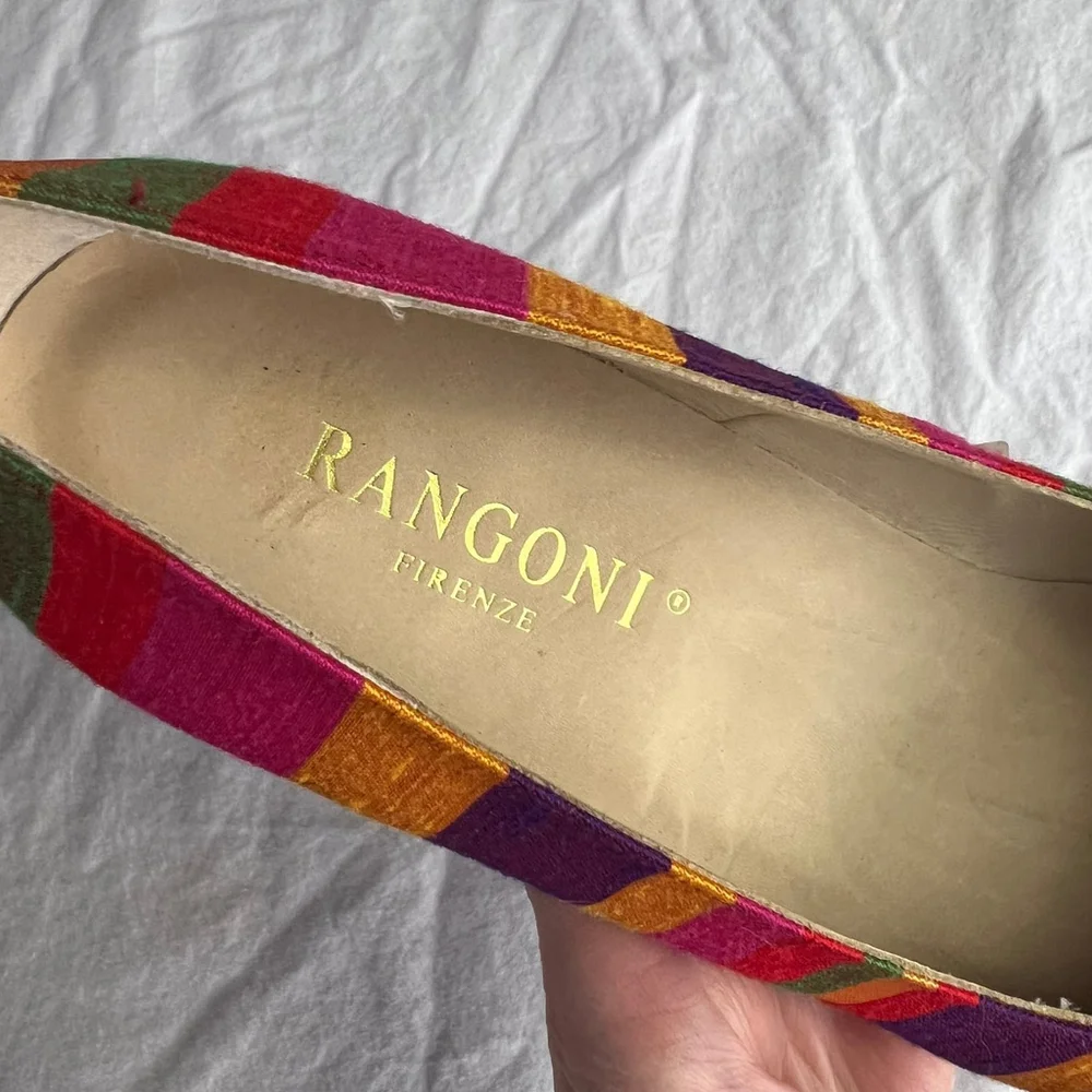 VTG Rangoni Firenze Italian Leather Silk Pumps Rainbow Striped Sz 8 AAA